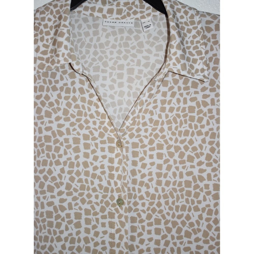 Susan Graver XL Stretch Blouse Button Front Mosaic Print 3/4 Sleeve Tan White - Picture 14 of 16